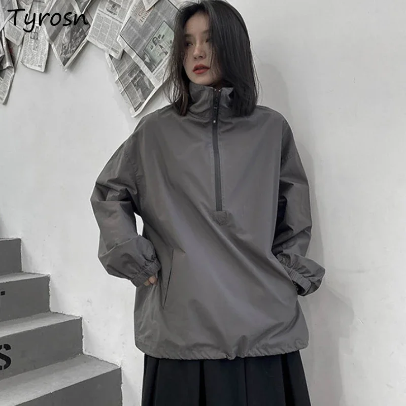 

Baggy Jackets Women Retro Unisex Stand Collar Casual Summer Japanese Style Teens Simple Pure All-match Daily Streetwear Fashion
