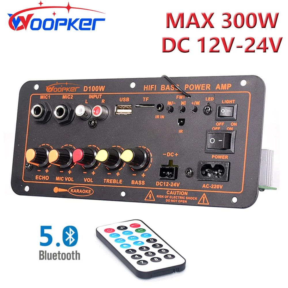 

Woopker Amplifier Board D100W Bluetooth Digital Amp Max 300W 220V/12V/24V Support Dual Microphone Mp3 Player