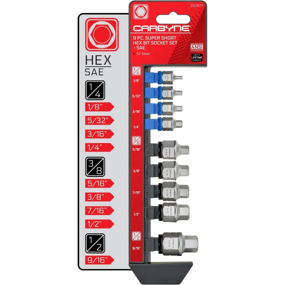 

Super Short Low Profile Hex (Allen) Bit Socket Set - 9 Piece - SAE | 1/8" to 9/16", Internal Square Drive & External Hex Drive