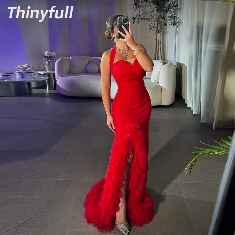 

Thinyfull Mermaid Arab Satin/Tulle Prom Dresses Halter Sleeveless Evening Party Dress Formal Gown robes de soirée Customized