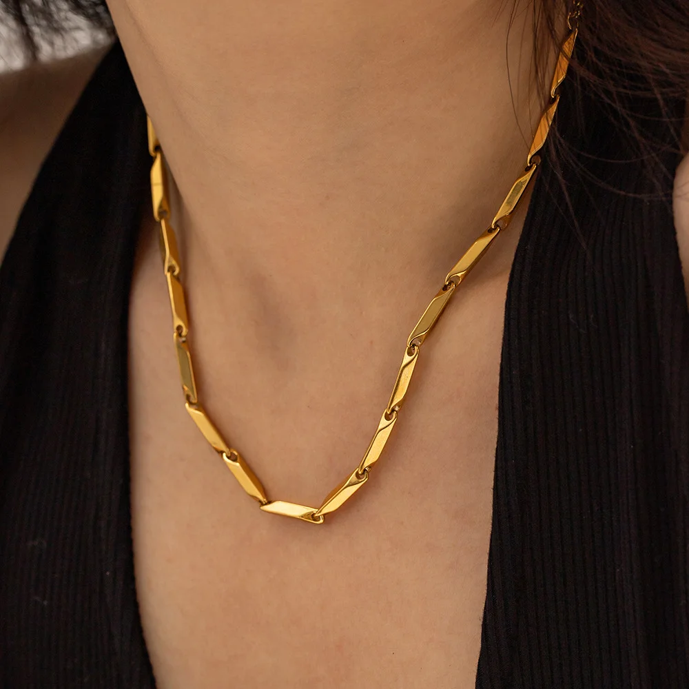 Modische Punk-Halskette aus Edelstahl, 3mm Breite, Hochwertige Gold/Silber Farbige Bambus-Gliederkette für Männer und Frauen, Schmuck-Accessoire