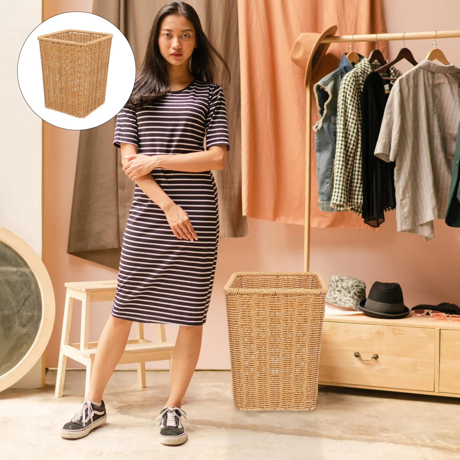 

Pastoral Style Woven Basket For Bedroom Kitchen Laundry Storage Fruit Sundry Organizer Simulation Rattan Garbage Bin