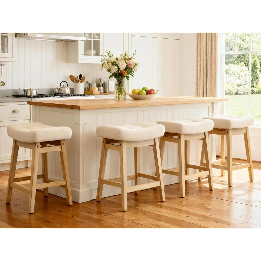 

Набор из 4 барных стульев с мягкими тканевыми сиденьями и ножками из массива дерева для столешниц высотой 24 дюйма, цвет хаки.