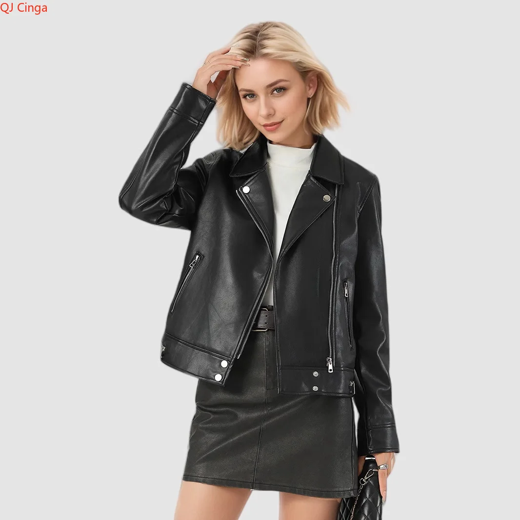 2026 New Women's Black Long-Sleeve Leather Jacket, Short-Length Collared PU Coat, Stylish Slim-Fit Biker Top.