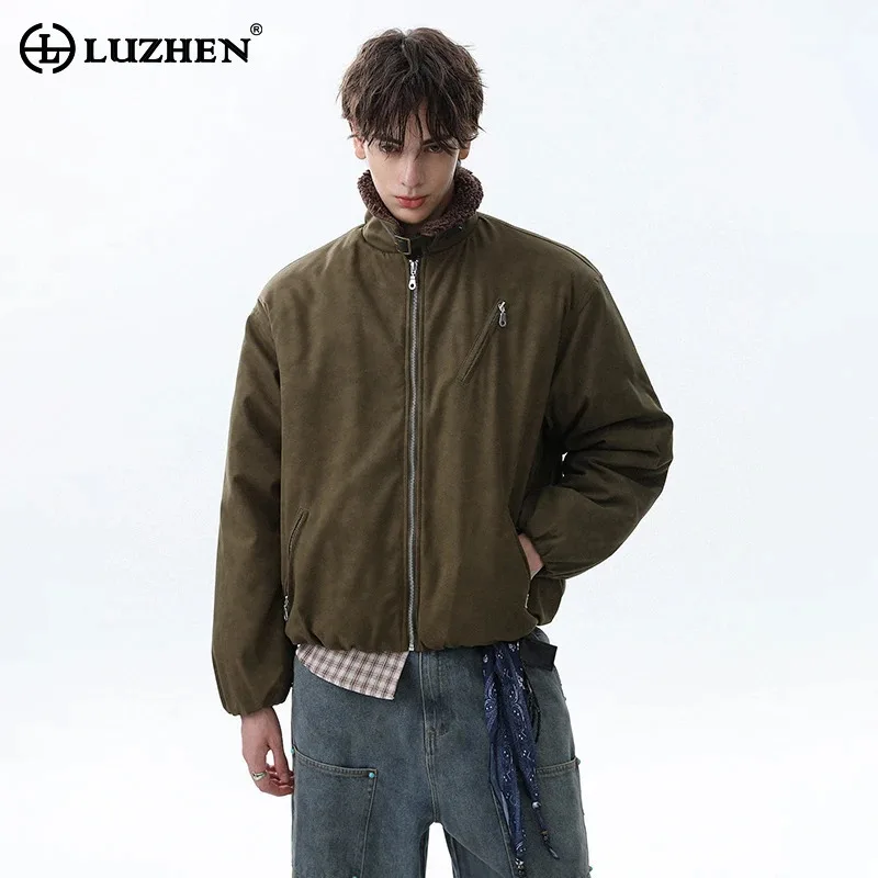 

LUZHEN 2025 Winter New Solid Color Zipper Stand Neck Padded Coat Men High Quality Lamb Wool Brushed Handsome Parka Jacket JY5380