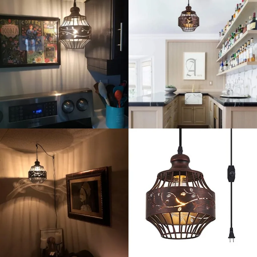 

Vintage Hanging Lamp Plug in Pendant Lights, Hanging Lights with Plug in 16Feet Cord Dimmable for Bedroom, Living Room