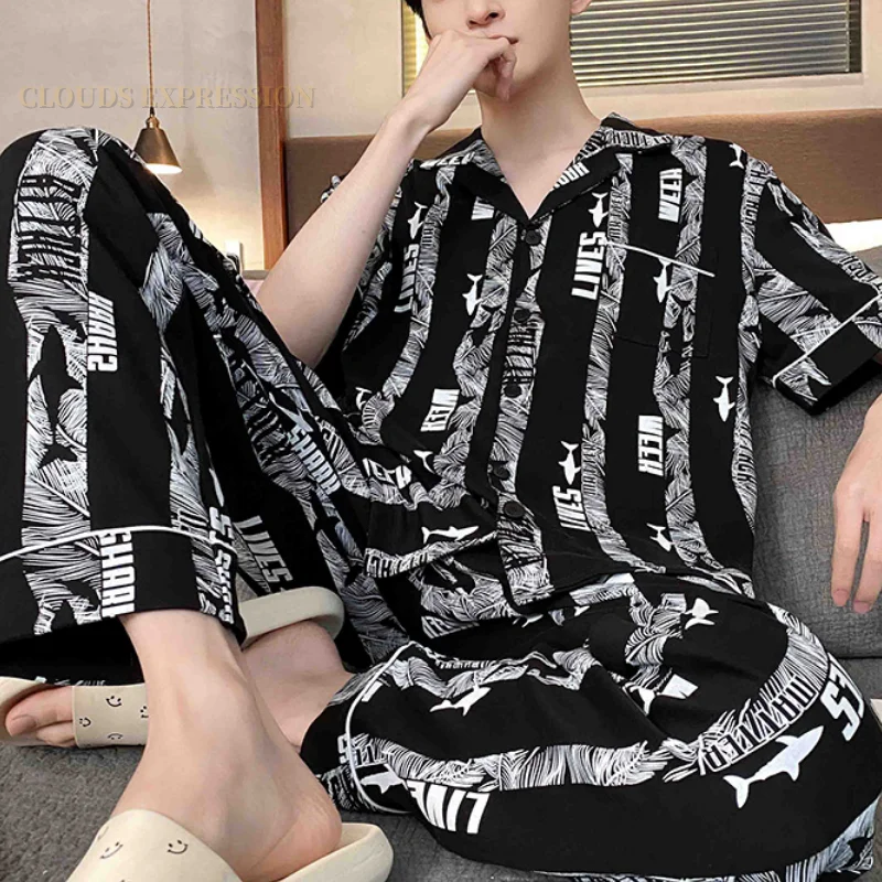 Summer Knitted Plaid Men\'s Pyjamas Plus 4XL Pajama Sets Casual Pjs Lounge Masculine Sleepwear Nightwear Pijamas Homewear Fashion