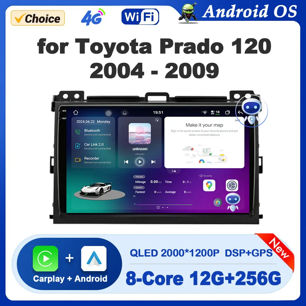 

Android Auto for Toyota Prado 120 2004 - 2009 Car Radio Audio Multimedia Player GPS Navigation DSP Stereo Bluetooth 4G HD Screen