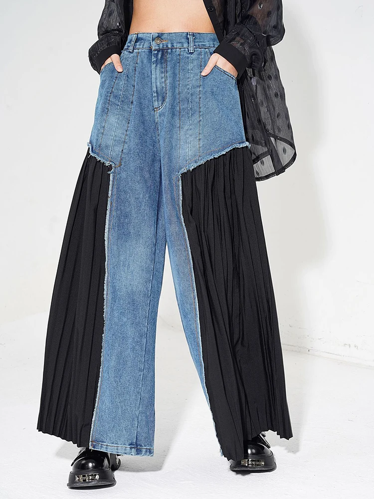 

[Vibe] High Elastic Waist Blue Denim Pleated Long Wide Leg Pants New Trousers Women Fashion Tide Spring Autumn 2025