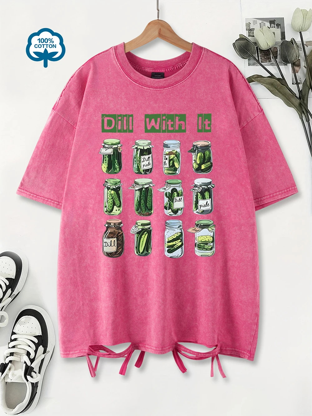 Summer Washed T-Shirts Womens Cotton Dill With It Canned Cucumber Prints T Shirt Street O-Neck Oversized Tops Casual Clothes