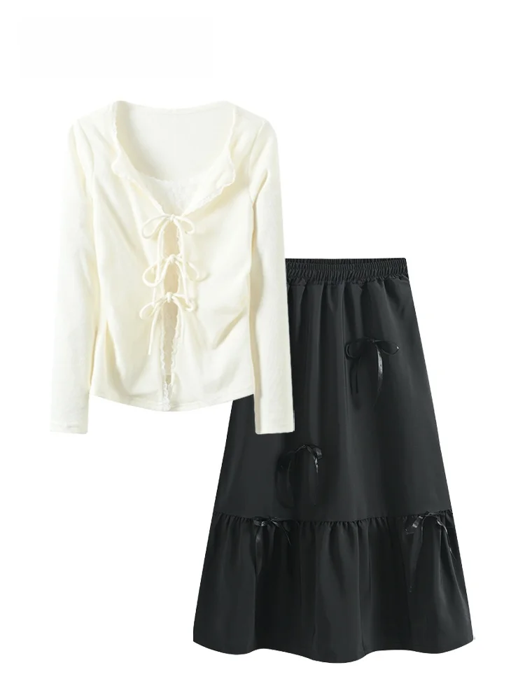 

plus Size Women's Knitted V-Neck Long Sleeve Set High Waist Skirt Spring Fashion Casual Comfortable Cotton Blend Outfit