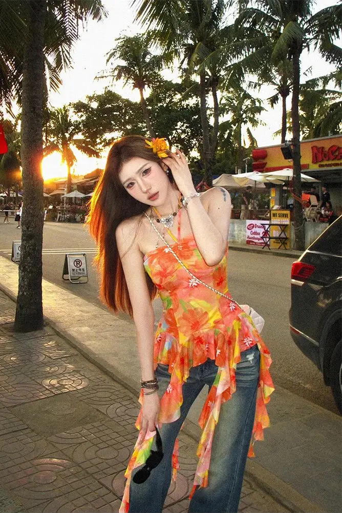 

2025 Summer Floral Halter Tank Top for Women Pure Desire Vacation Beach Style Elegant Lightweight Sleeveless Vest Resort Wear