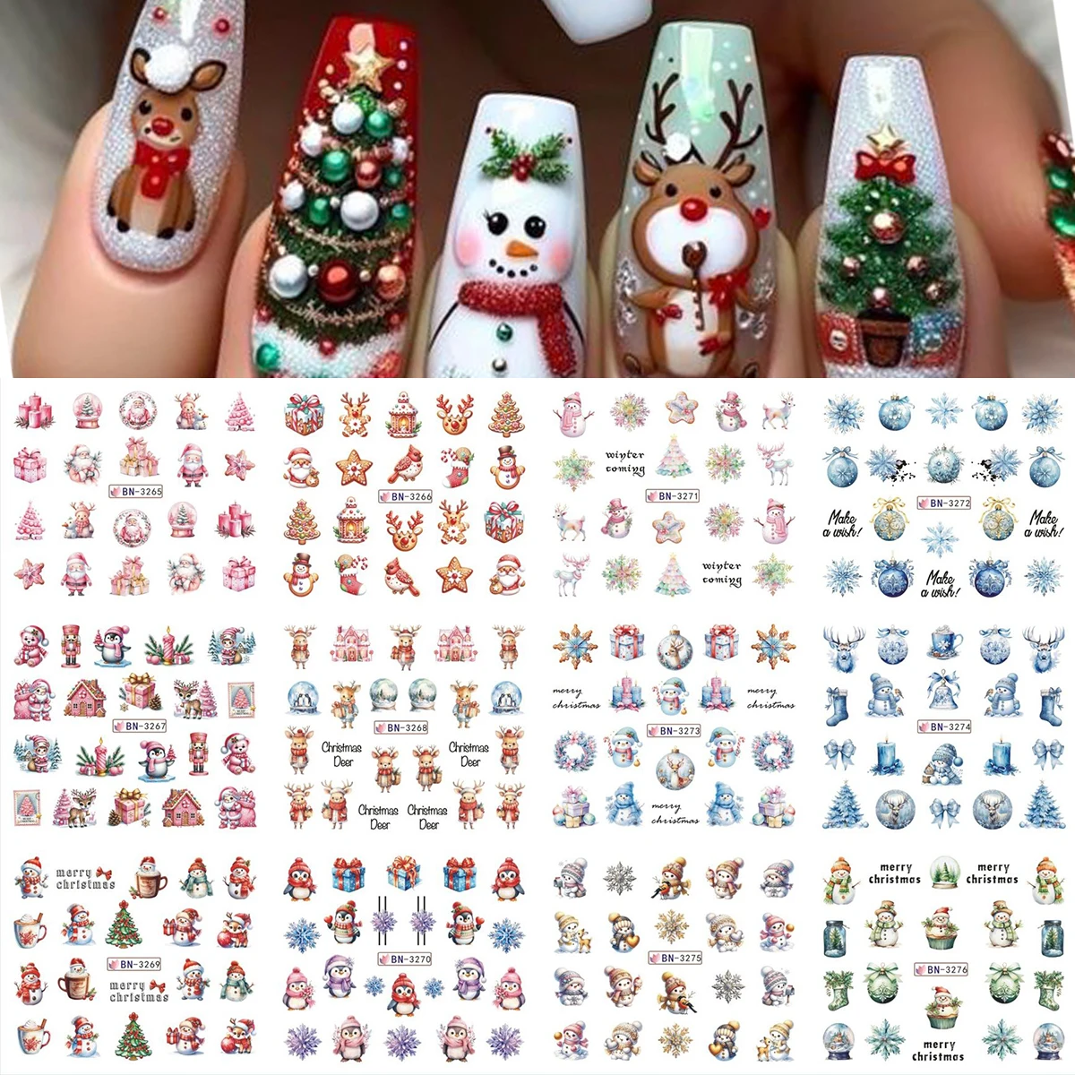 12 قطعة عيد الميلاد احتفالي مسمار الفن ملصقات لطيف الكرتون ثلج سانتا كلوز الجوارب أجراس الثلج البطاريق نقل المياه المنزلق #1
