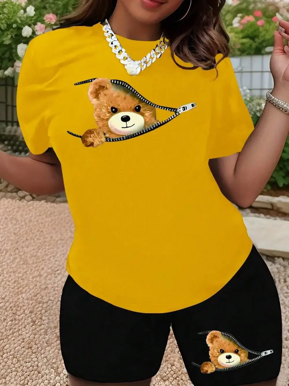 Women\'s Two Pieces Set Summer Casual Tops & Shorts Kawaii Teddy Bear Printing T-Shirt Female Loose Short Sleeve Street Clothes