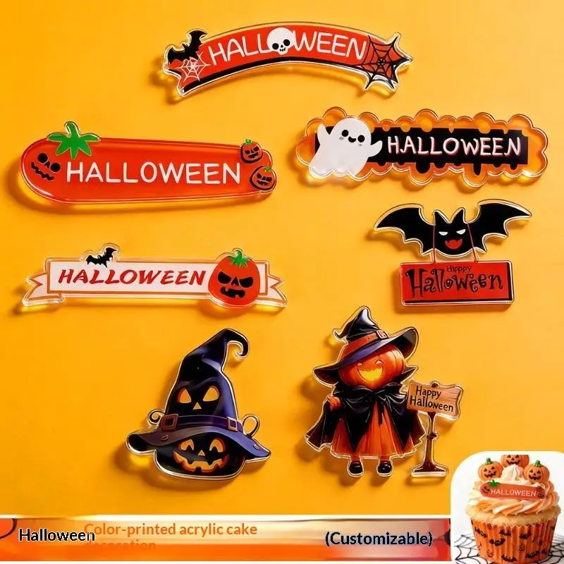 Halloween Acrylic Cake Decorating Toppers Assorted Spooky Patterns Food Safe Decor for Home Baking Dessert Supplies