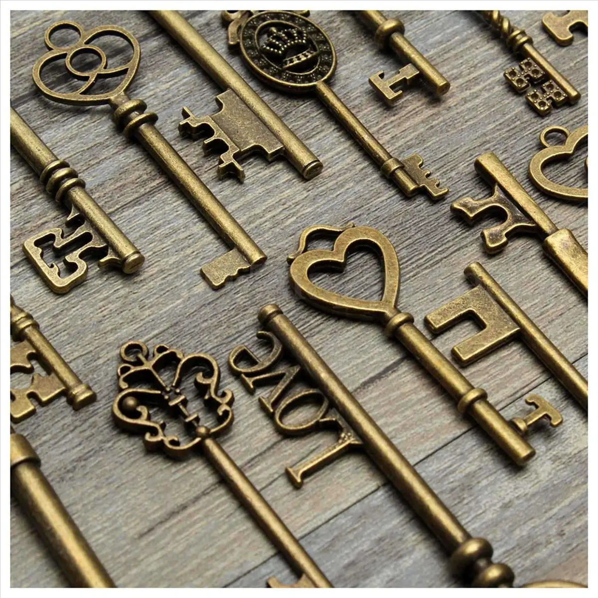 アンティークヴィンテージ風ブロンズスケルトンキー-ハートボウロックペンダント54個セット