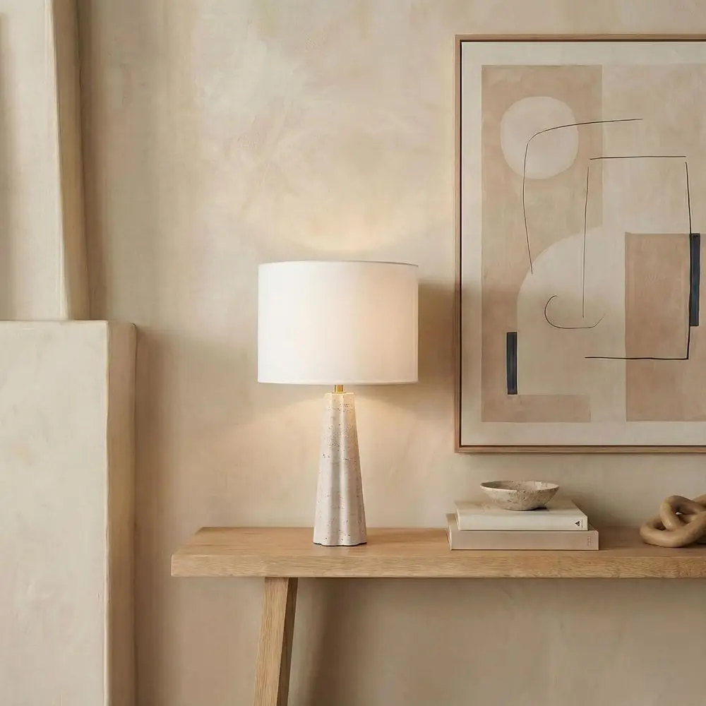 25-inch Travertine/White Table Lamp with LED Bulb for Bedroom, Living Room, Home Office, or Desk Nightstand view 2