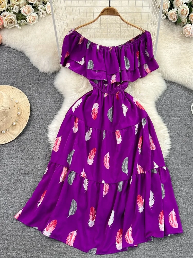 ジェントルブリーズ ワンショルダー 肩露出ヘムライン 痩身 Aライン プリント ドレス ビーチ バケーション マキシスカート 韓国風 半袖