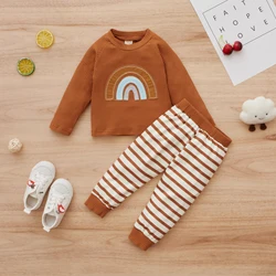 2PCS Autumn 0-2 Years Old Girls And Baby Casual Round Collar, Pit, Embroidered Rainbow Long Sleeves + Striped Trousers Set