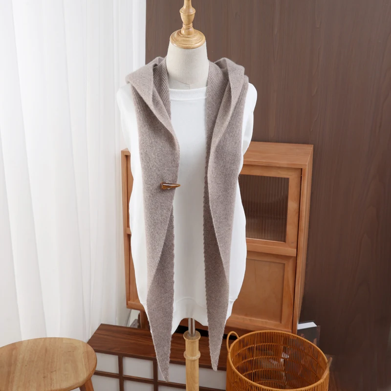 

100% Wool Horn Clasp Hooded Shawl All-in-One Warmth Knitted Cap with Single-Button Closure Layering Gem Hat And Scarf Combo