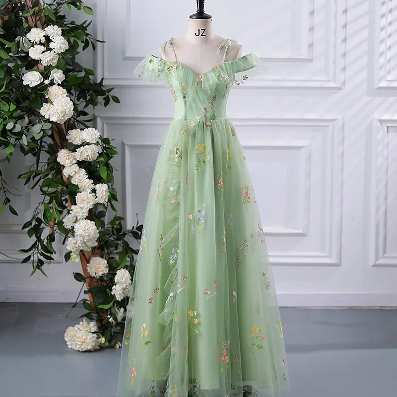 

2024 New Spaghetti Strap Evening Dresses Sweet Embroidery Flower Tulle Party Dress Elegant Long A-line Prom Dresses Customized