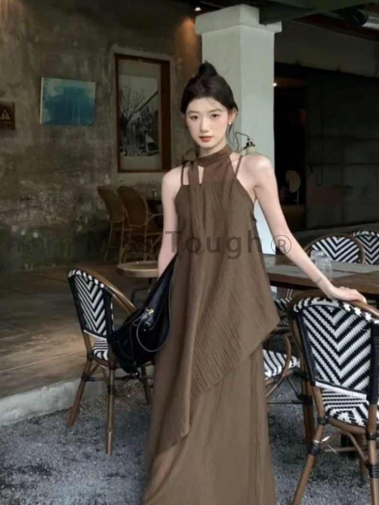 Korean Fashion Loose O Neck 2 Piece Set Women Elegant Casual Solid Sleeveless Off Shoulder Top + High Waist Thin Dress 2024 New