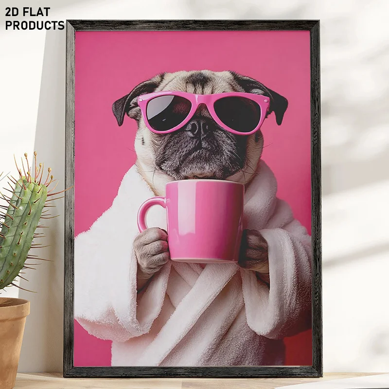 2D Flat, 2D Flat, 1pc, Multi-Size Frameless Canvas Art, One Shiba Inu Wearing a Bathrobe And Pink Sunglasses Holding a Pink C