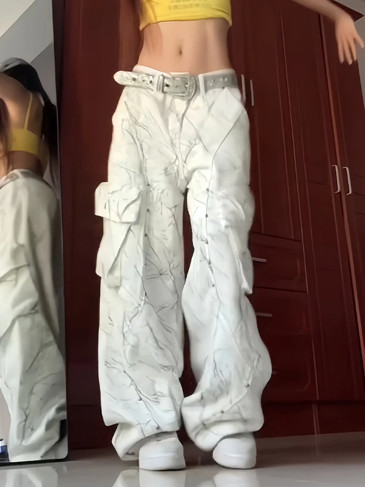 

Ретро-брюки с заклепками и принтом в американском стиле для женщин, весенняя новинка, свободный крой, с принтом в виде ветвей, в стиле рабочей одежды