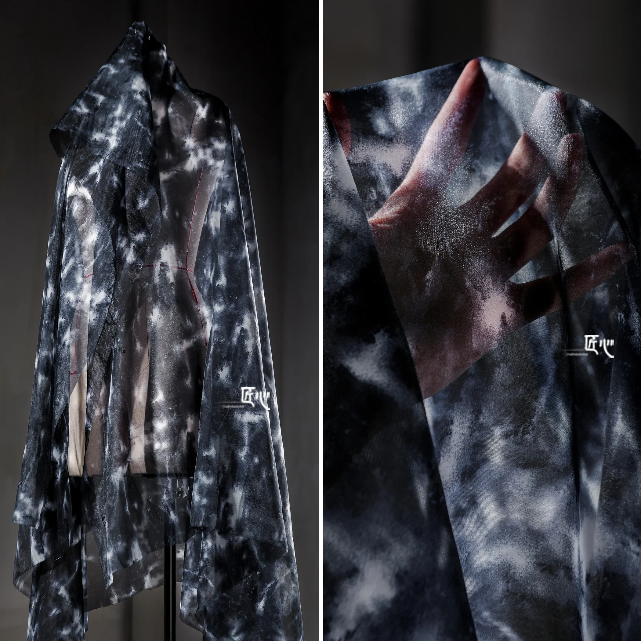 Ink Blue Tie-dye Semi-transparent Chiffon Cloth Irregular Ink Dye Hanbok Dress Cardigan Clothing Designer Fabrics