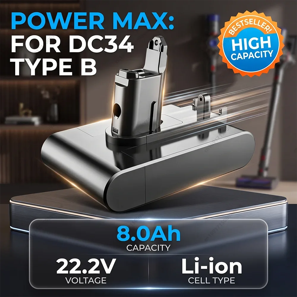 Li-ion Vacuum Cleaner Battery for Dyson DC35 DC44 DC34 DC31 DC45 Animal, 22.2V 8000mAh Rechargeable Power Cell Type B Only