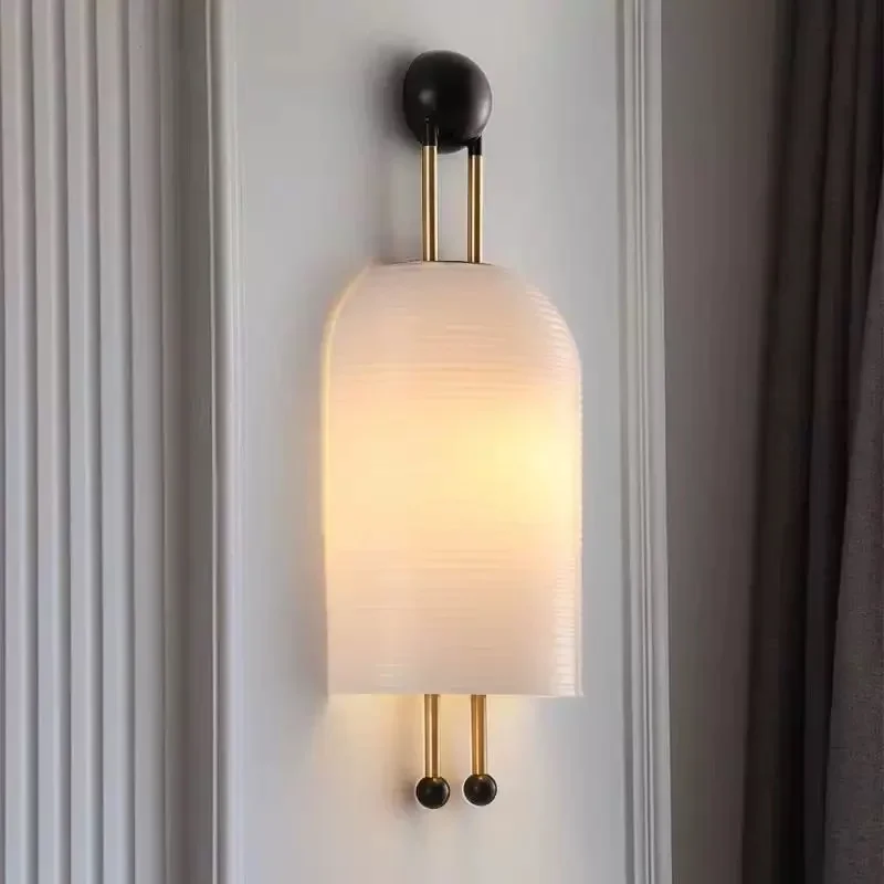 

Modern simple bedroom headboard living room staircase background wall glass wall lamp