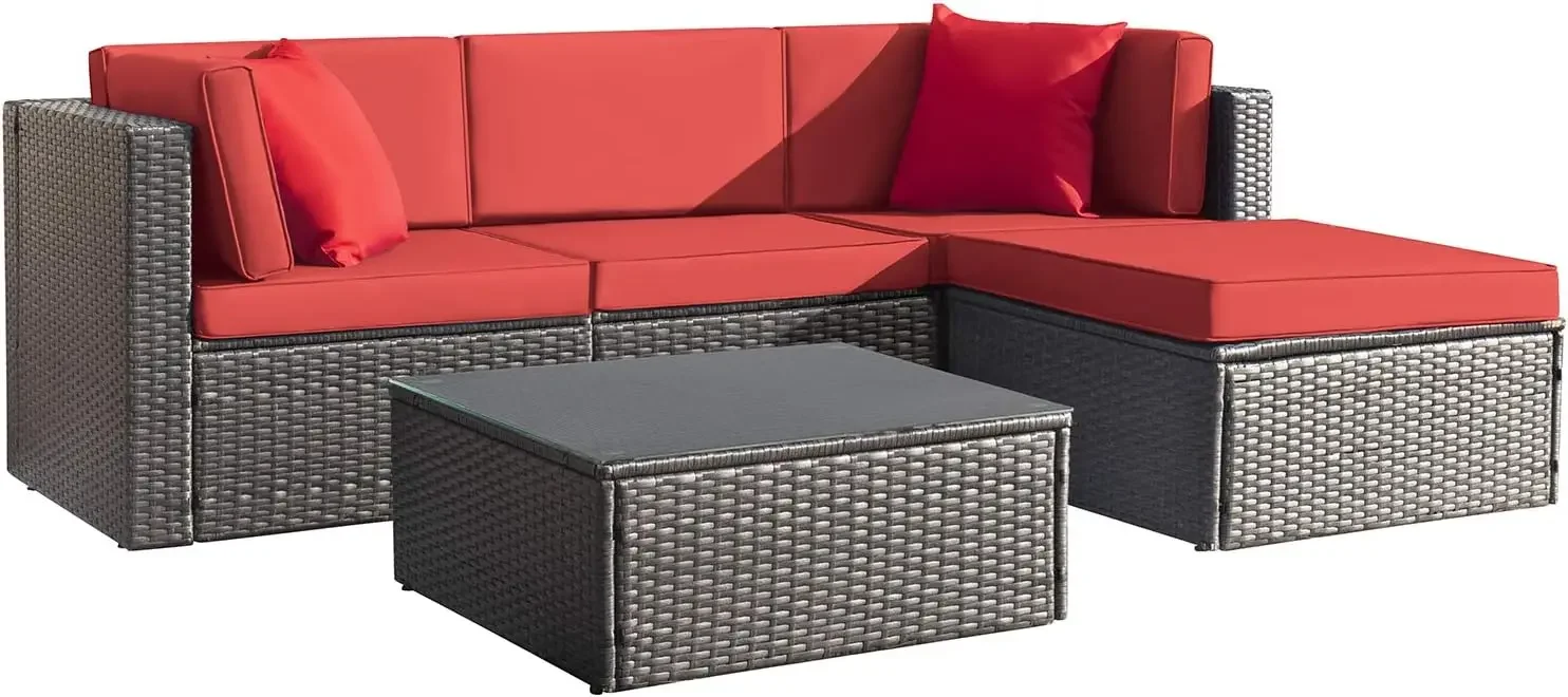 5 Pieces Patio Furniture Sets All Weathevr Outdoor Sectional Patio Sofa Manual Weaving Wicker Rattan Patio Seating Sofas