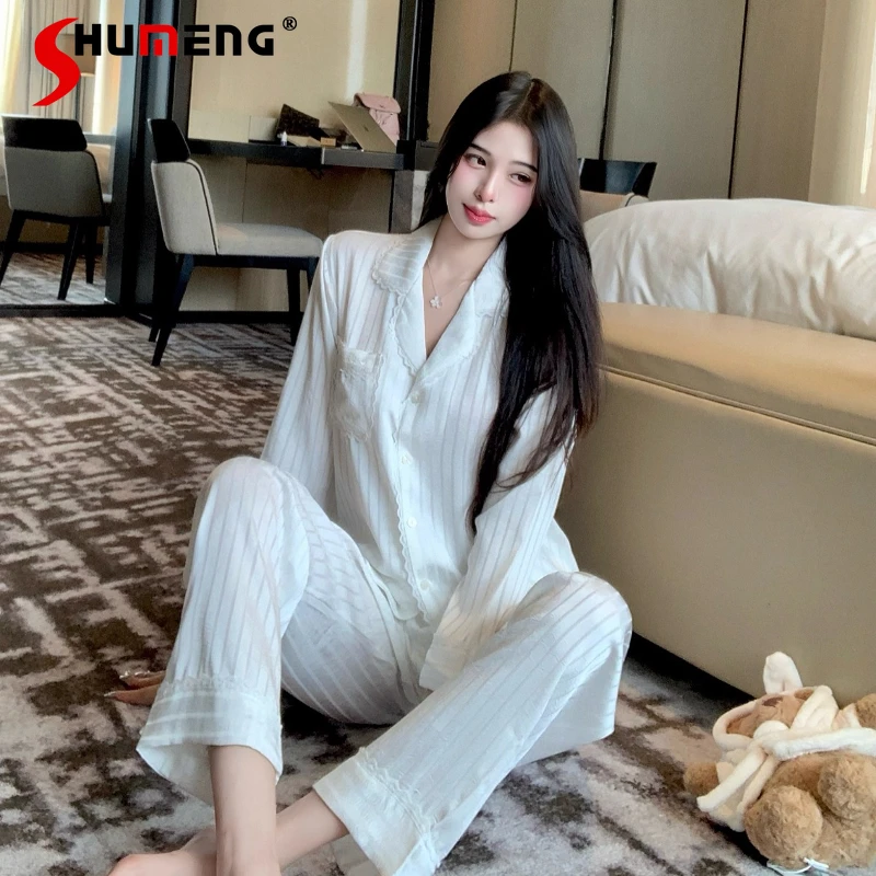 

Милый кружевной комплект домашней одежды в полоску, женские пижамные костюмы из ледяного шелка с длинными рукавами, женские осенне-зимние пижамы в корейском стиле