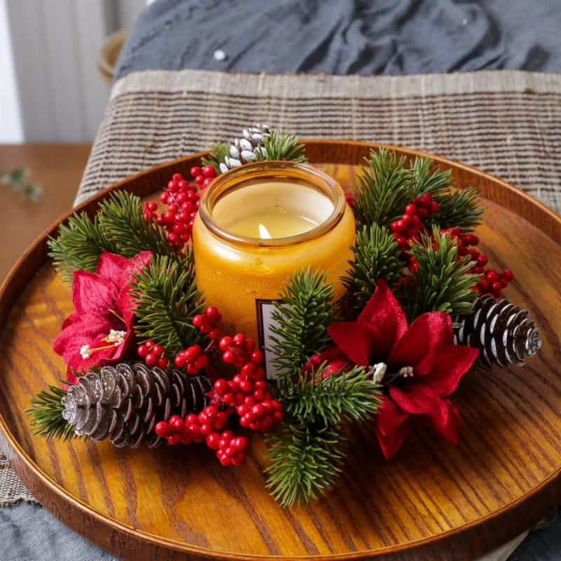 1pc Weihnachten Kerze Girlande Tisch Dekoration Ornament Künstliche Tannenzapfen Nadel Weihnachten Blume Beere Kerzenhalter Arom