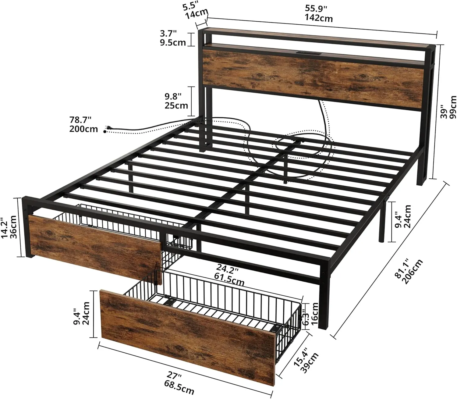 Full Size Bed Frame with Storage Drawers, Platform Bed with Headboard and Charging Station, No Box Spring Needed, Vintage Brown