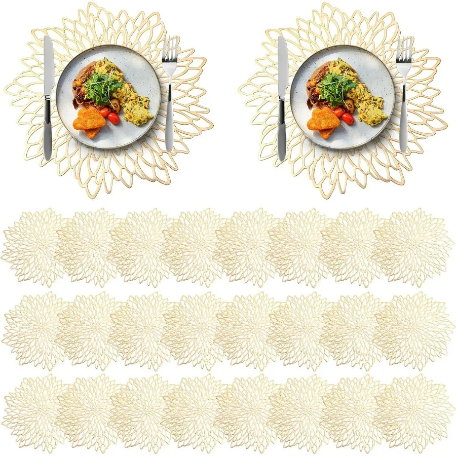 

80 Pieces Round Pressed Vinyl Placemats Metallic Hollow Out Leaf Flower Table Mats Decorative Wedding Round Placemat for Holida