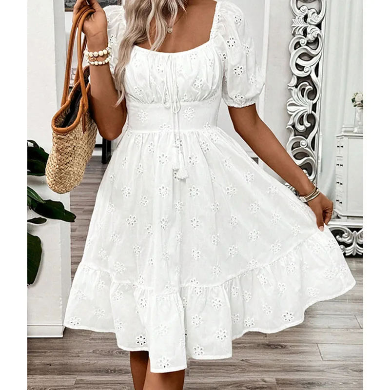 우아한 여성 여름 미니 드레스 섹시한 흰색 스퀘어 칼라 허리 Cinched Beach Sundress Boho Hollow Flower 반팔 드레스