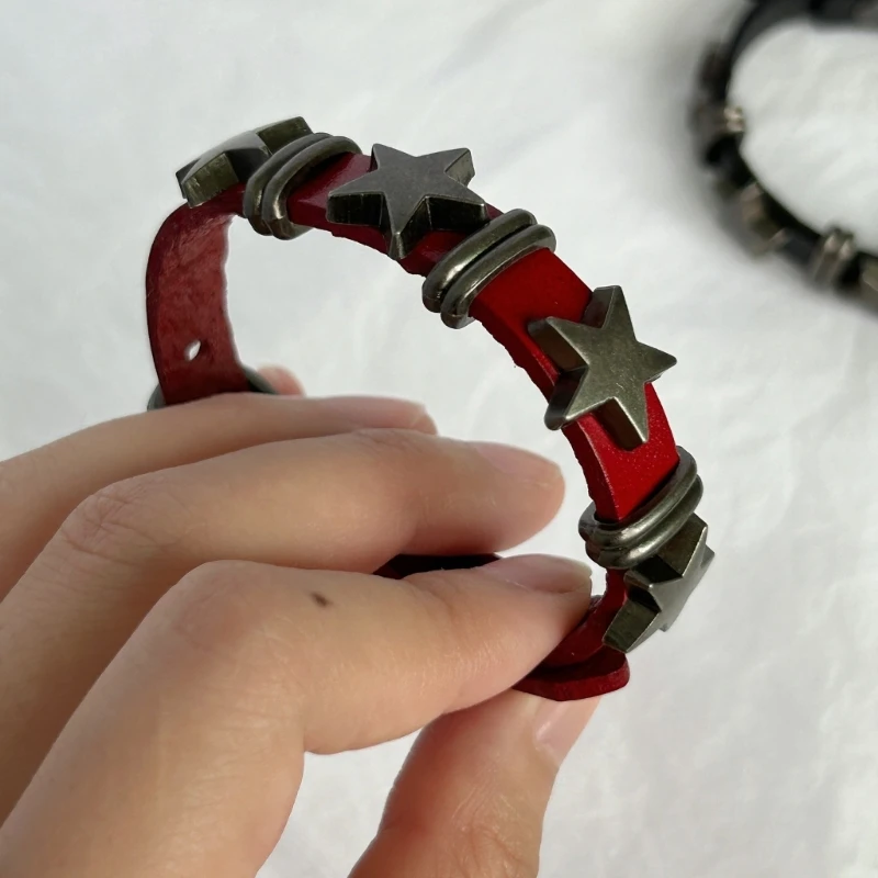 E0BF Goth Vintage Star Leather Alloy Bracelets For Women Men Gothic Retro Couple Bracelet Rock Party Jewelry Accessory-Decor image 3