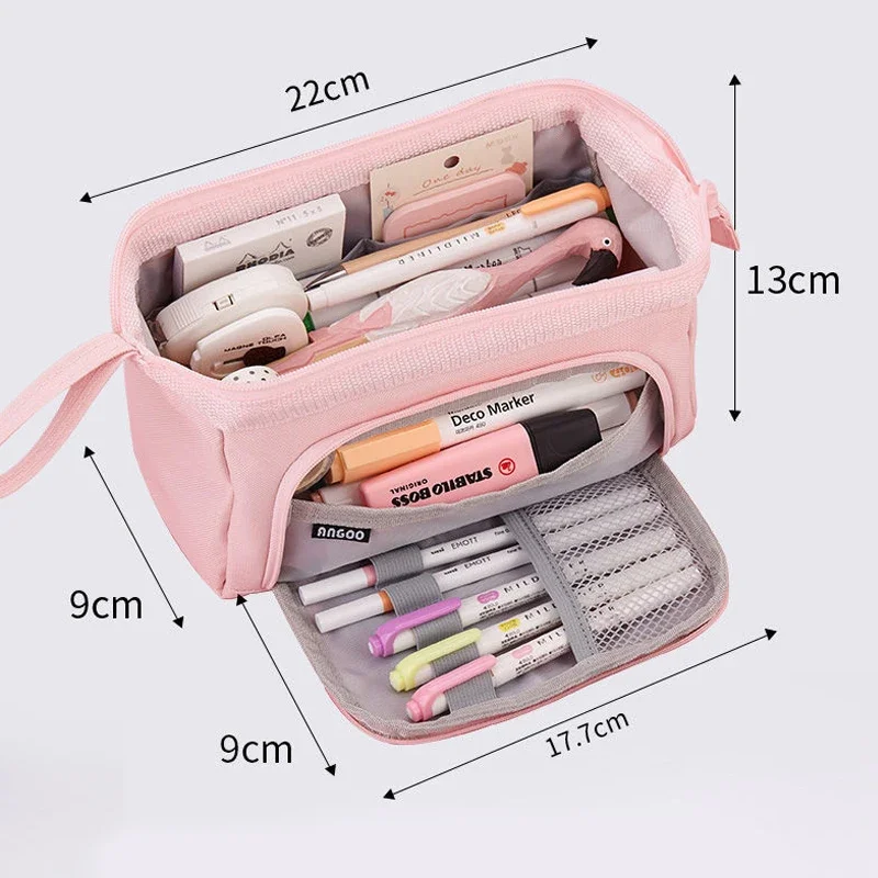 Angoo Cute Pencil Case Special Macaron Color Side Window Canvas Big Pencil Pouch Pen Box Storage Bag Student School Stationery