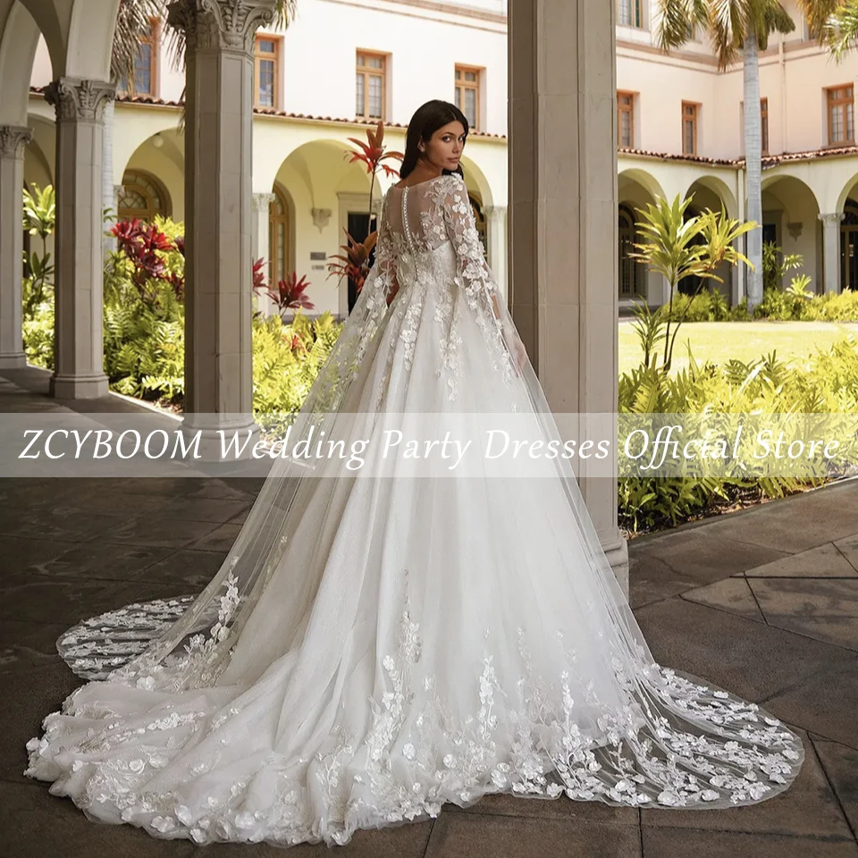 Customized O-Neck Appliques Beaded Flowers Long Sleeves Wedding Dress 2024 A-Line Floor Length Sweep Train Zipper Bridal Gown