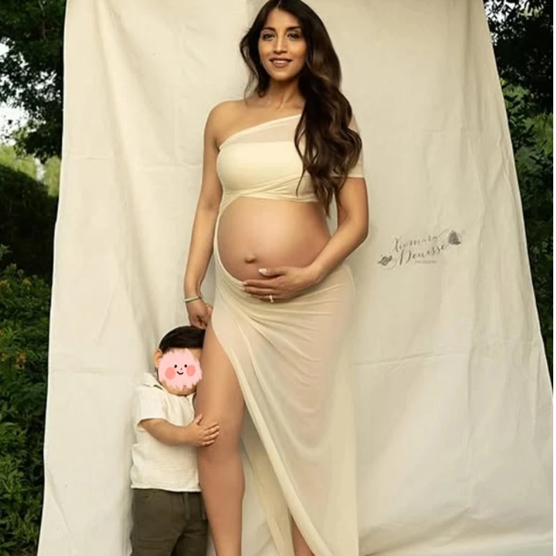Sexy Sheer Mesh Maternity Dress Photoshoot - Asym Neck High Side Slit  For Women Beach Outdoor Studio Pregnancy Gown