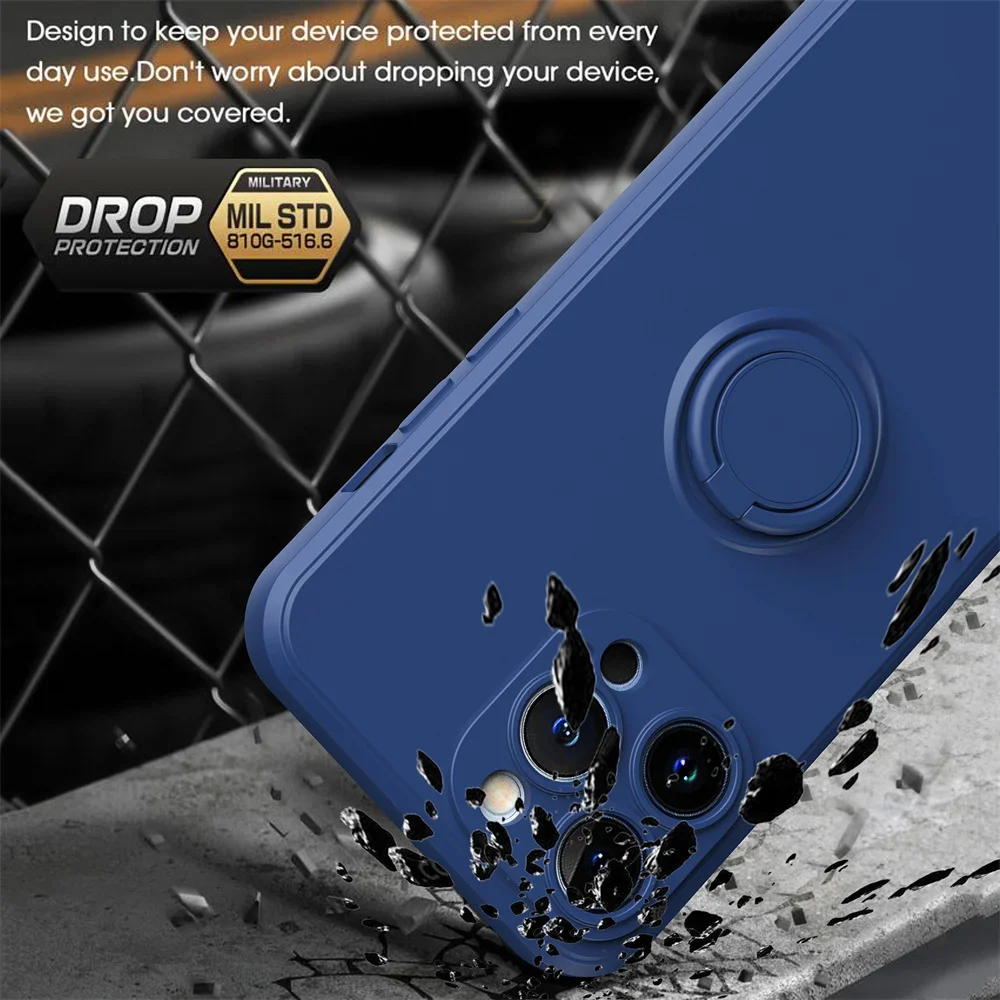 Funda con soporte de anillo magnético de silicona de color sólido para iPhone 15 11 12 13 14 16 ProMax cubierta suave para dedo con soporte 14plus 15plus 16plus