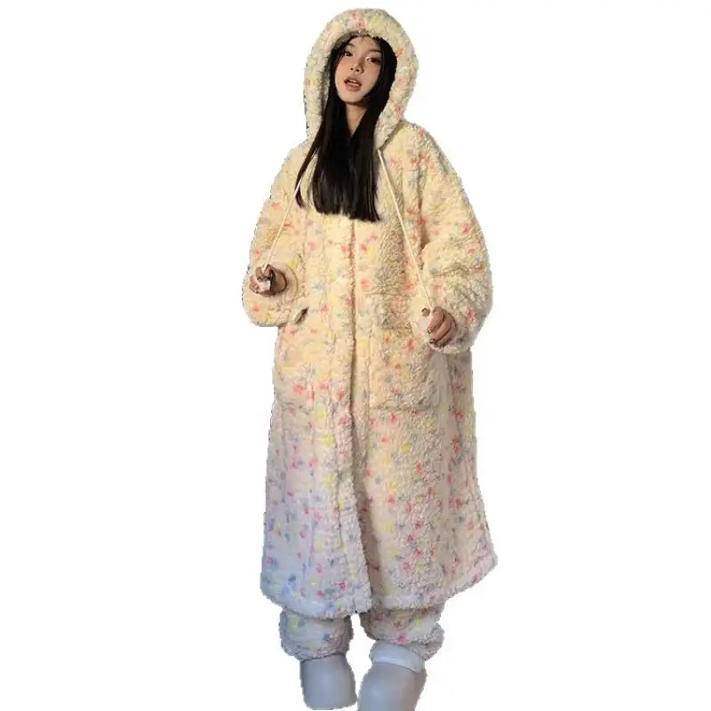 الشتاء رشاقته فتاة بيجامة مجموعة Kawaii مقنعين رداء لطيف الدفء Homewear يمكن ارتداؤها كملابس خارجية المرجان الصوف طالب ملابس خاصة #5