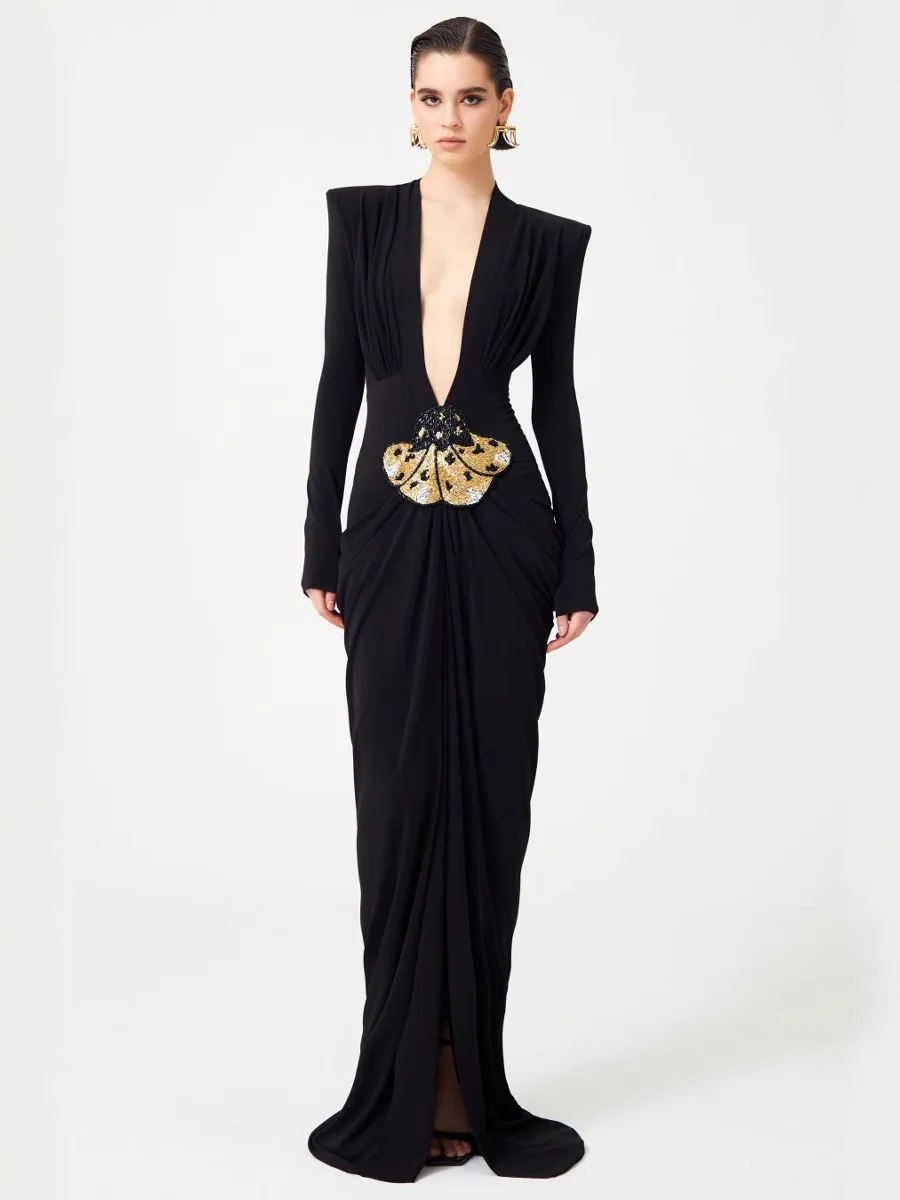 

2025 Women Celebrity New Long Sleeve Deep V Neck Beading Print Maxi Long Black Dress Elegant Evening Club Party Outfit