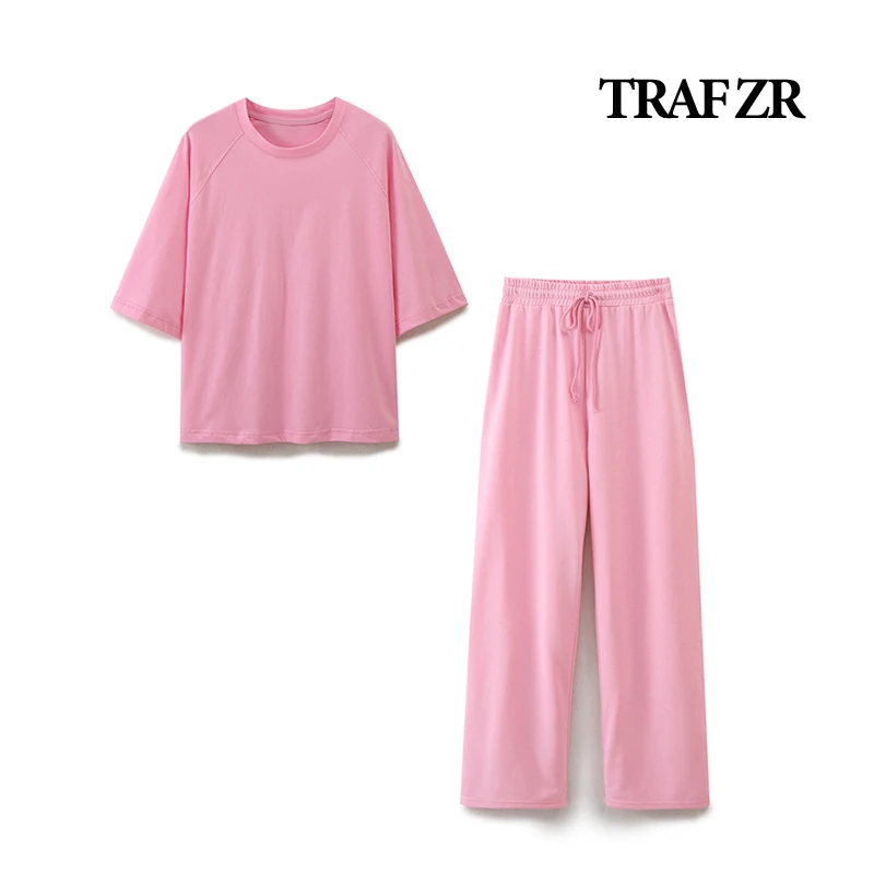 TRAF ZR Two Piece Sets Womens Outifits Pant Sets Women's Baggy Pants Half Sleeve Shirt O-NECK Women's Track Suits Pink COTTON