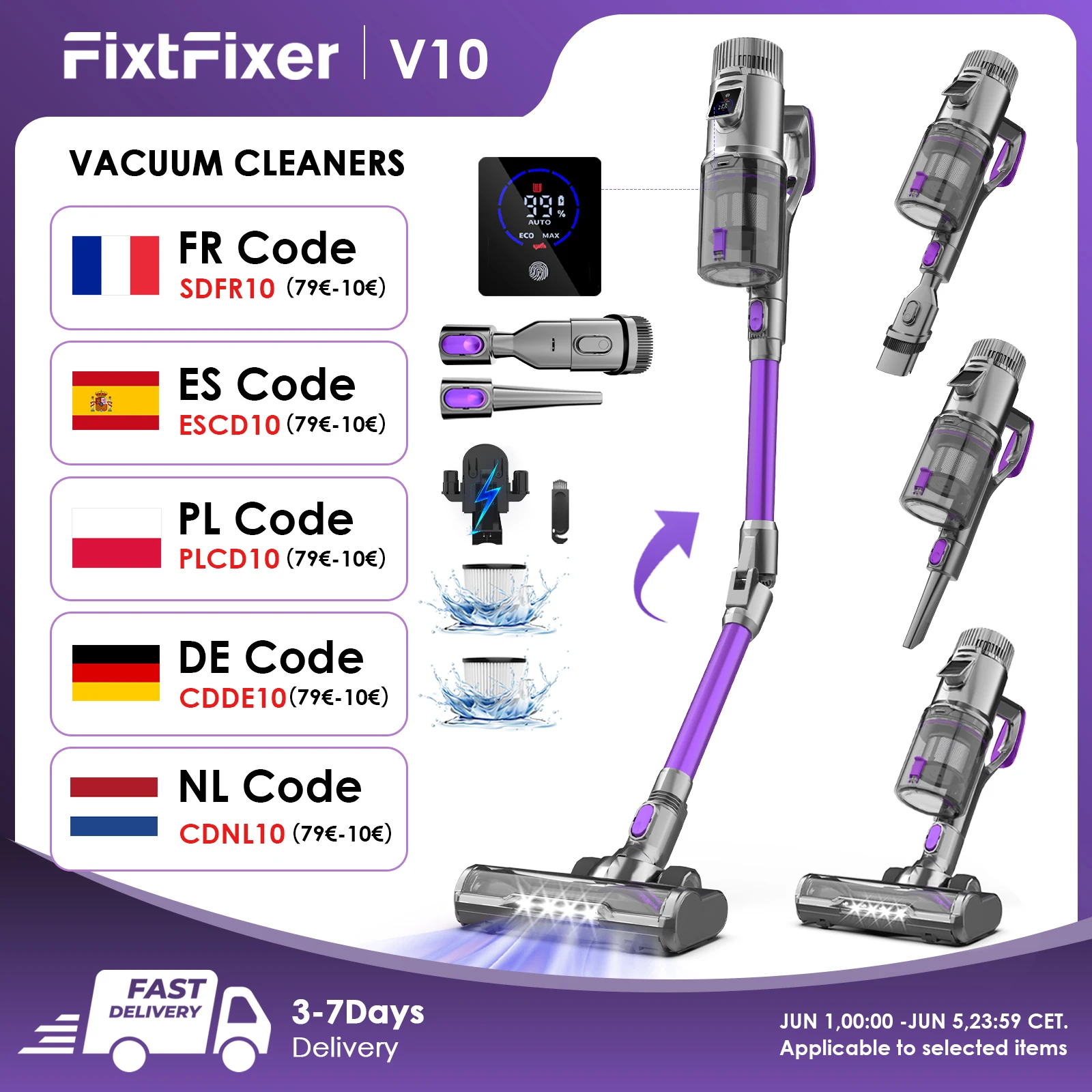 FixtFixer 500W Akku Staubsauger, 6 in 1 Kabellos Mit LED-Anzeige, 80Mins, 1.1L Vacuum Cleaner für