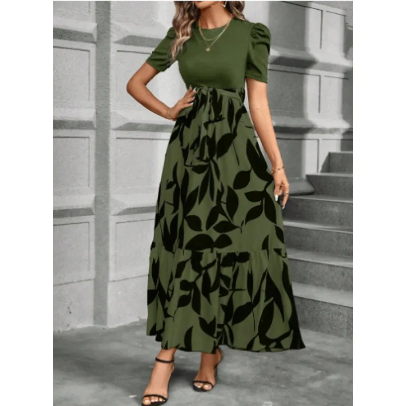 Ladies Vintage Print Long Dress 2025 Summer New Round Neck Short Sleeves Dress Patchwork Printed Strap Bow Foreign Style Dresses