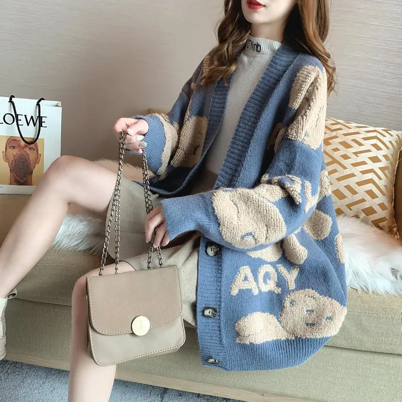 Thickened Sweater Coat Women\'s Autumn and Winter New Lazy Style Fashion Korean Version Little Bear Loose Knitted Cardigan