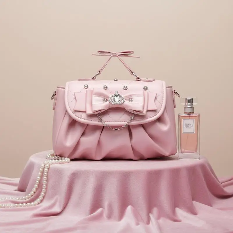 Elegante rosa Schleifen-Strass-Unterarmtasche, süße Lolita Plissee-Schultertasche, tragbare Handtasche mit Schleifengriff, niedliche Ita-Tasche – Detail 6