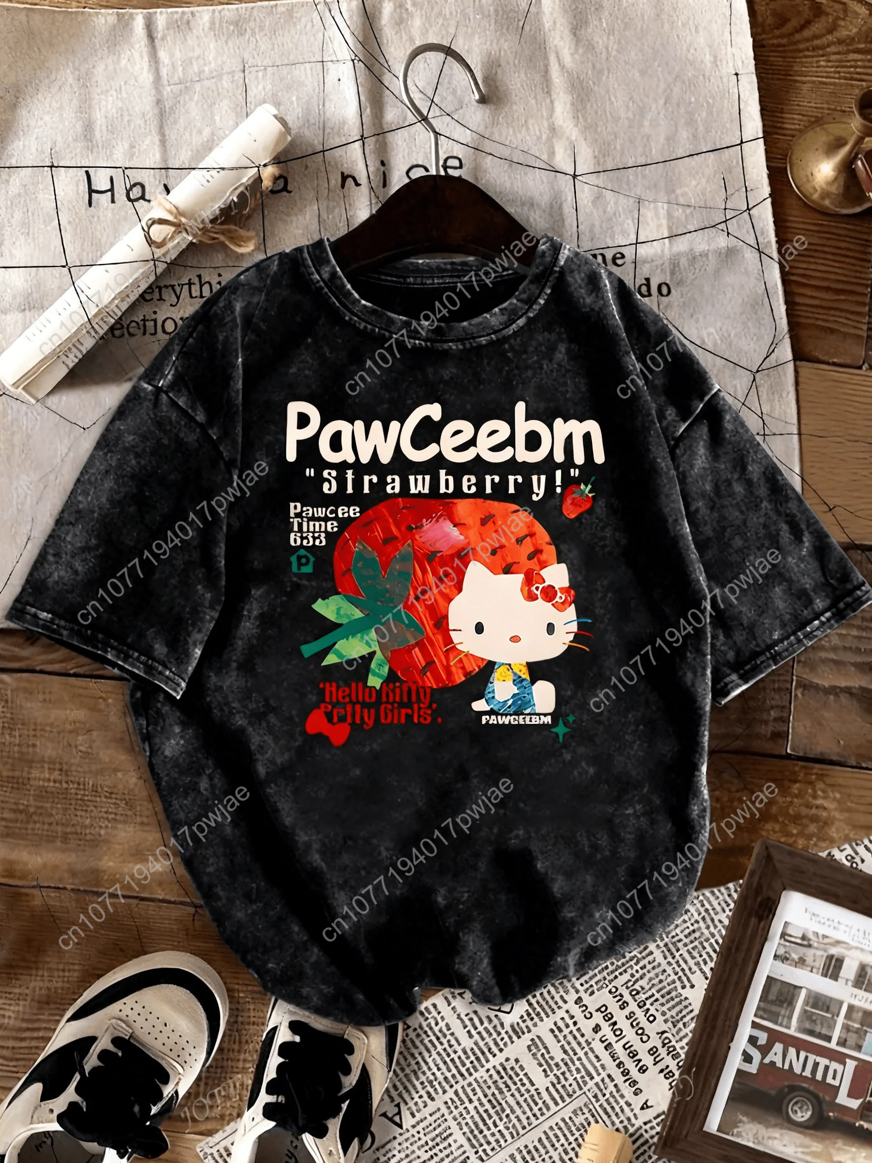

Sanrio Official Women's Vintage Washed T-Shirt - PAWEEBM Graphic Cosplay Cute Strawberry Characters - Soft Crewneck Shirt for S